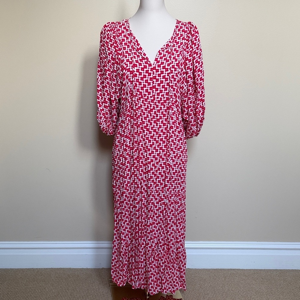 Red White Floral Geometric Maxi Dress Rayon Boho Cottagecore 3/4 Sleeve M